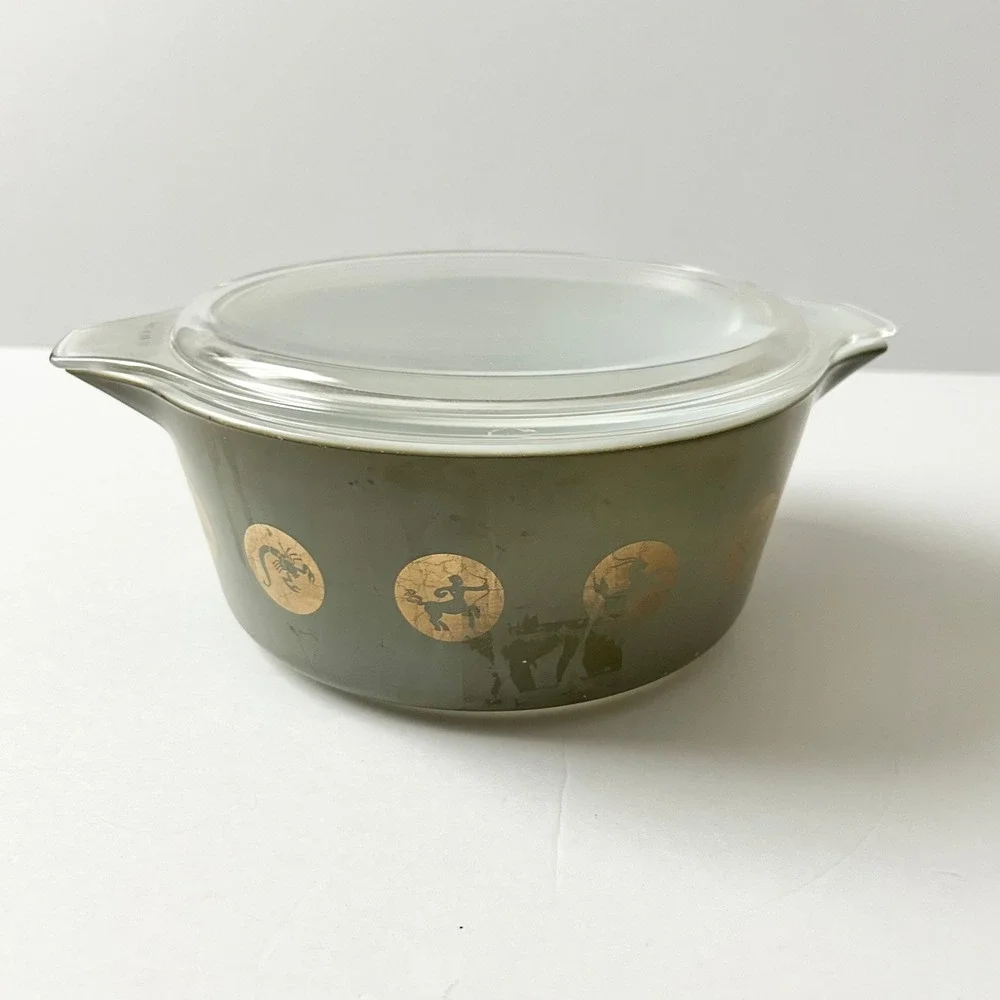 Vintage Pyrex Zodiac Casserole Dish 473 Olive Green Gold 1960s MCM with Lid